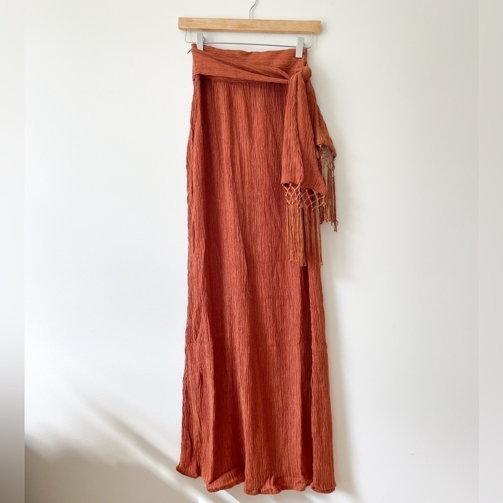 Savannah Morrow Vea Plissé Bamboo Silk Maxi Skirt in Papaya Size XS